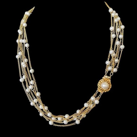 Vintage Unsigned Celebrity NY Multi Strand Station Faux Pearl Necklace Box Clasp - Picture 2 of 8